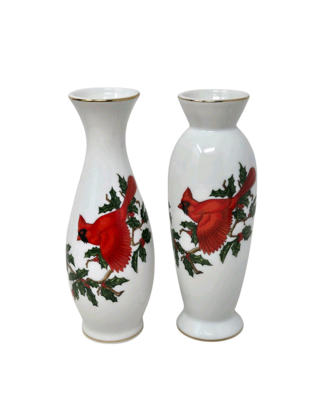 Vintage Lefton Red Cardinal Vases Holly Berry Porcelain Gold Rim Set Of 2 #1070